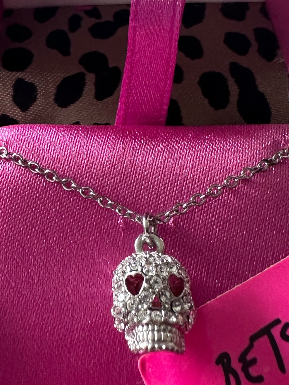 Vintage Betsey Johnson Silver Skull Necklace w/Clear Pave Crystals & Heart Eyes